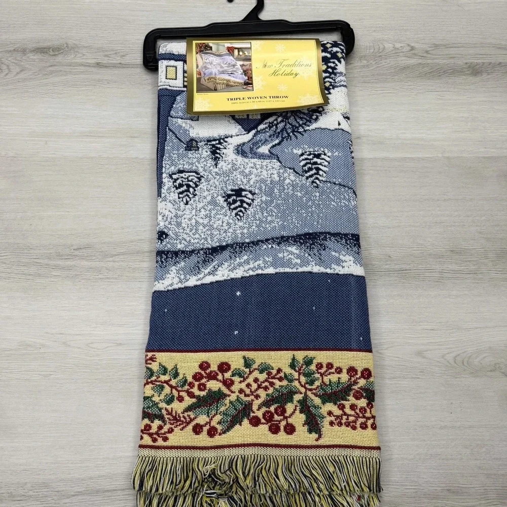 Christmas Woven Throw NIP Cottagecore Grandmillennial Village
